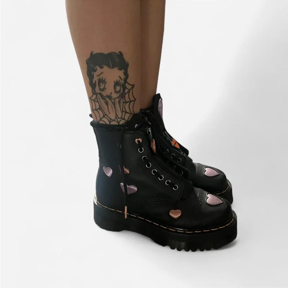 Dr. Martens Black Boots with Pink and Orange Heart Details - Picture 2 of 3